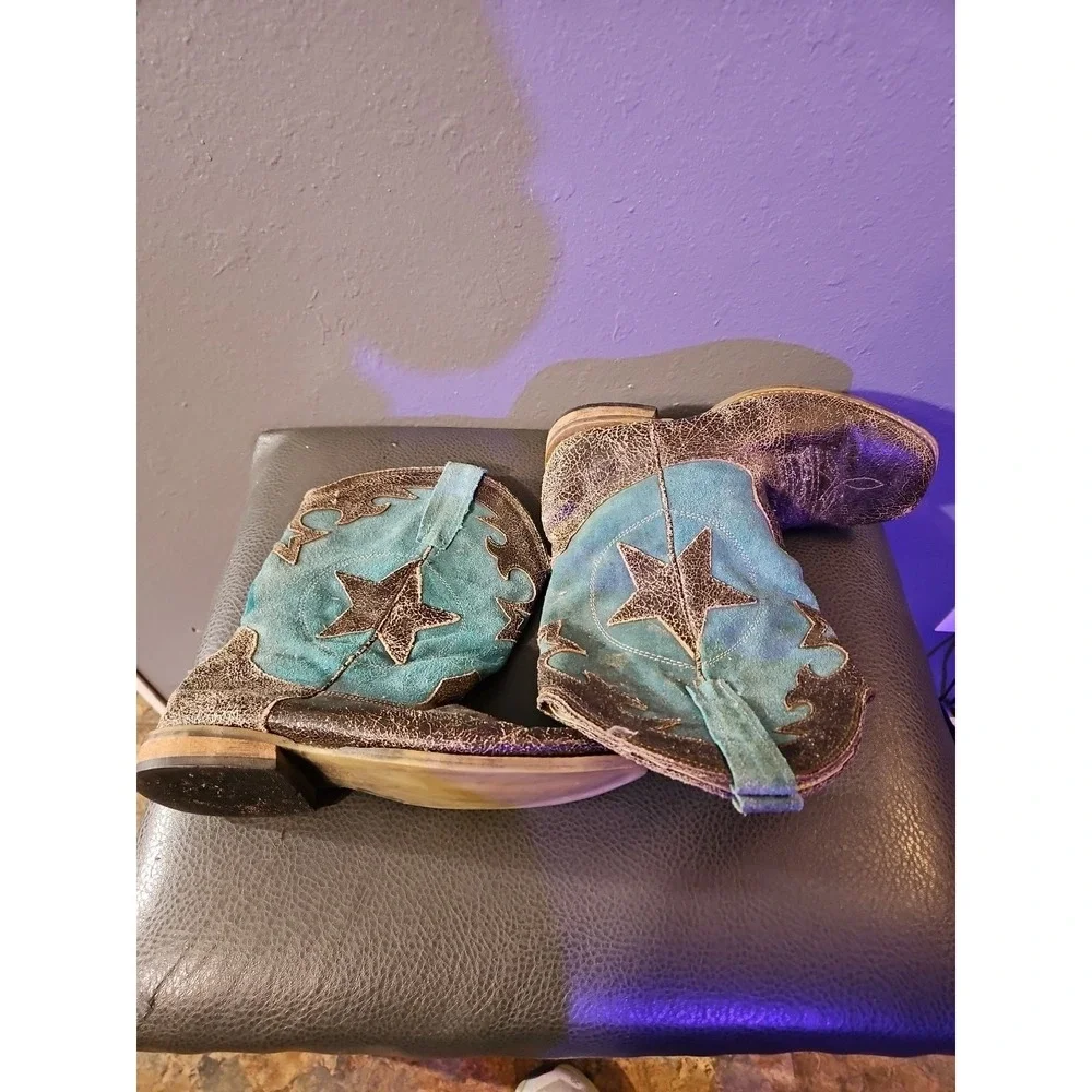 Roper Kids Youth Sz 3 Blue Cowboy Western Boots Square Toe‎ Pull On Lots Of Wear